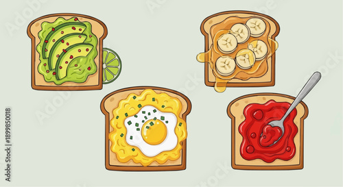 Assorted breakfast toasts with avocado egg banana and strawberry toppings on a light background viewed from above