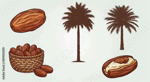 Palm trees and almonds in various forms, including whole and cracked nuts, depicted in a stylized illustration with a simple background