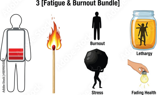 Metaphor for fatigue burnout and stress depicted by low battery, burning match, heavy stone.