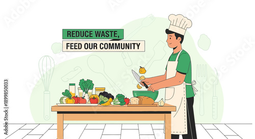 Chef preparing a meal with fresh ingredients to reduce waste and feed the community