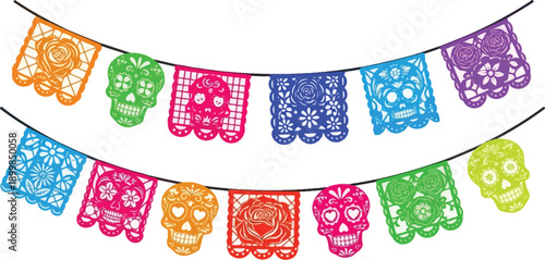 Mexican papel picado banners for day of dead celebration with colorful sugar skull and rose decorative cutouts