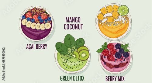 Four bowls of fruit smoothies with various toppings and flavors on a light background