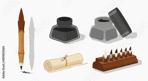 A collection of writing tools including pens, inkwells, and a parchment scroll on a clean background, depicted from a straightforward viewpoint.