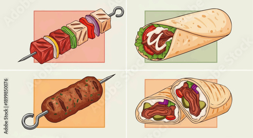 Collage of skewers and wraps featuring meat and vegetables from a top-down viewpoint