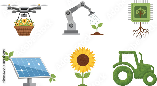 Modern smart agriculture technology icons featuring drone irrigation robot solar panel and organic tractor art