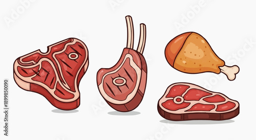 Assorted meat cuts including steaks and chicken displayed on a plain white background from a straightforward viewpoint