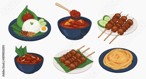 Assorted Asian dishes, including skewers and bowls of food, displayed on plates and served with various accompaniments.