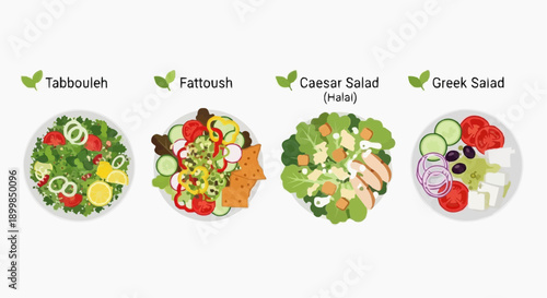 Assorted International Salads Displayed in Bowls with Various Vegetables and Toppings