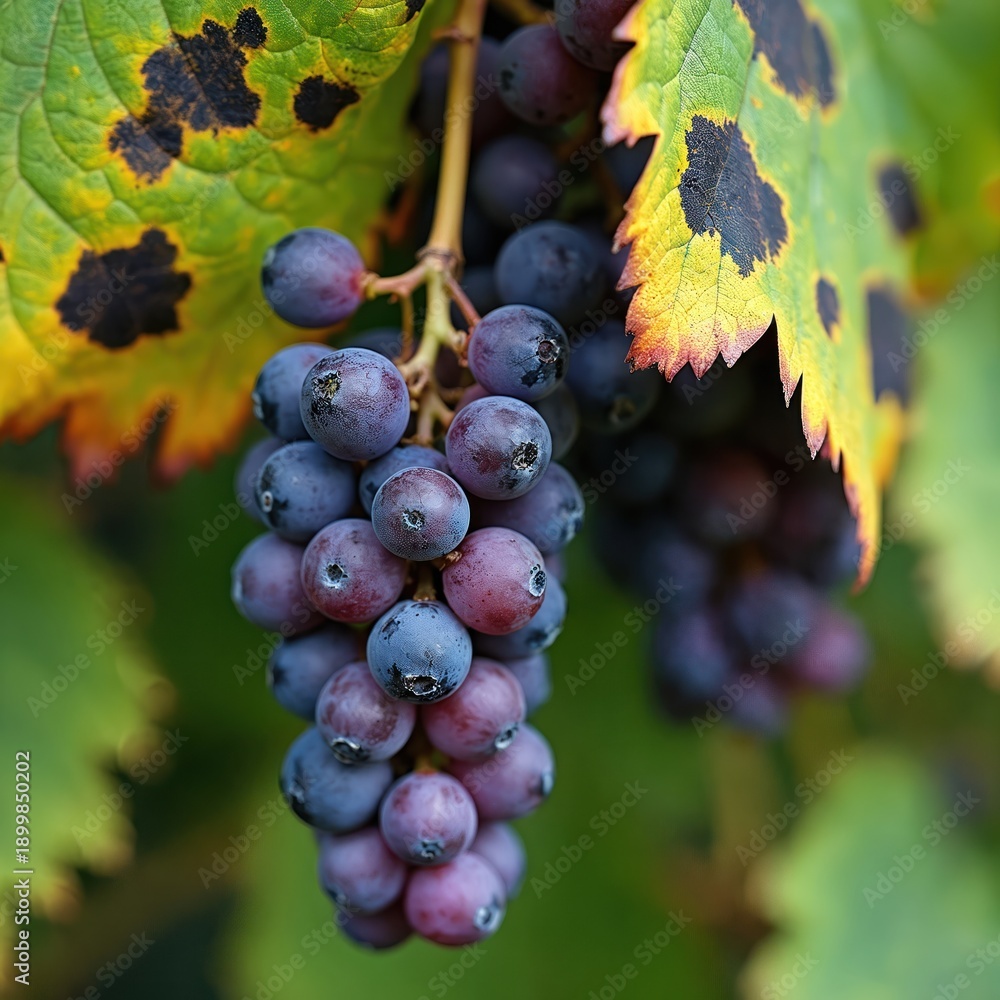Fototapeta premium Purple grapes hang on vine with black spots on yellowing leaves. Vine disease, plant decay visible. Organic fruit growth affected by fungus. Autumn harvest season approaching.