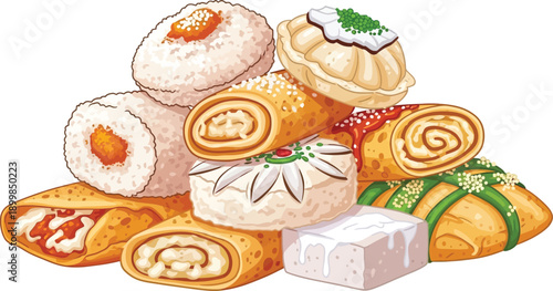 Pile of assorted sweet desserts, crepes, pastries and cakes, delicious food.