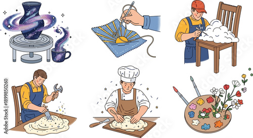 Pottery, embroidery, chair repair, bread making, baking, and painting art supplies, collection of crafts