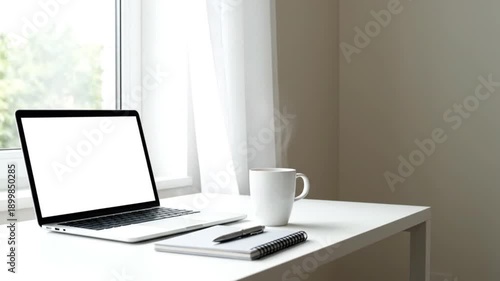 Wallpaper Mural Bright morning home office workspace with laptop and coffee Torontodigital.ca