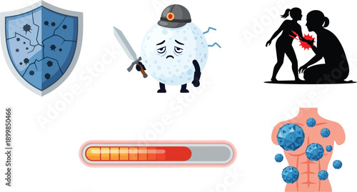 Set of medical illustrations depicting broken shield, sad germ, heart attack, loading bar and chest rash