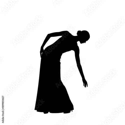 Elegant silhouette of a woman in a long flowing dress, graceful pose.