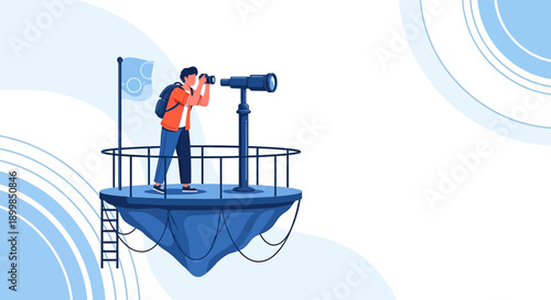 Conceptual illustration of a man using telescope on floating platform for opportunities and