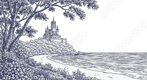 Porcelain design depicting a palace by the sea with dark blue colour