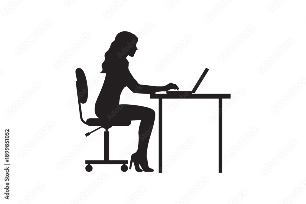 Fototapeta premium Silhouette of woman in business attire using laptop at desk with office chair representing professional work, productivity and technology in modern workspace