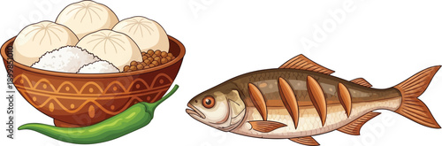 Traditional asian food bowl with steamed buns grilled fish and green chili pepper illustration for menu design
