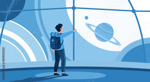 Conceptual Illustration of an individual Observing a celestial body with rings in a modern