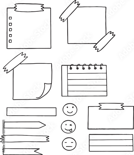 Hand-drawn paper notes and sticky memo vector set. Minimalist line art doodles of washi tape, push pins, and banners. Perfect for digital planners, bullet journals, and scrapbooking.