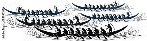 Traditional kerala snake boat race festival silhouette with long wooden vessels and rowing athletes on water