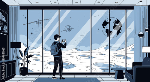 Conceptual illustration of futuristic lunar tourism showing a man photographing lunar landscapes