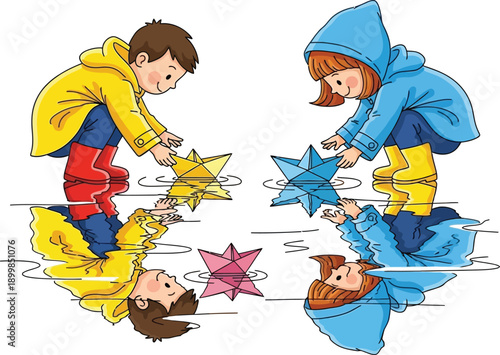 Fotografia Two cheerful children in raincoats and boots playing with paper boats in a puddl