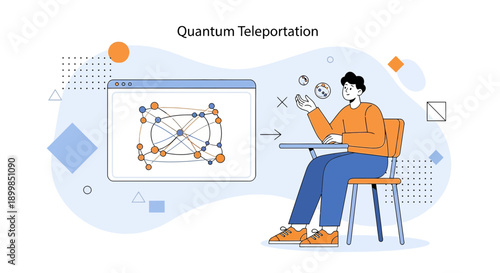 Conceptual illustration of quantum teleportation process with person and network structure visual