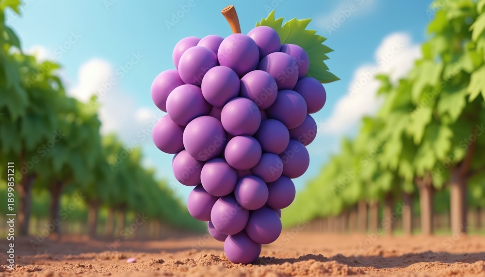 Fototapeta premium Vibrant 3D cartoon bunch of ripe purple grapes stands prominently in vineyard under clear blue sky. Rows of green grapevines stretch into distance, suggesting bountiful harvest, healthy agriculture.