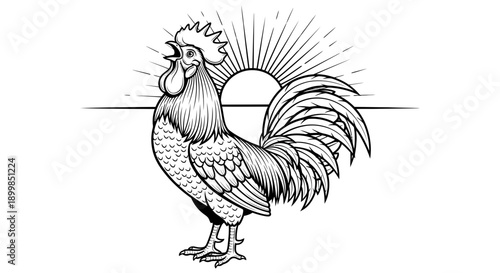 Black and white line art illustration of a crowing rooster.