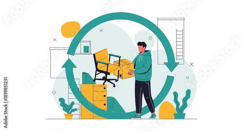 Conceptual illustration showcasing office relocation and circular economy themes effectively