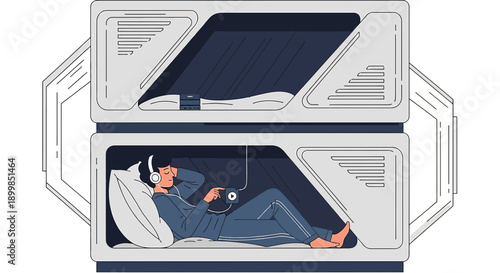 Conceptualized minimal capsule hotel illustration representing modern and efficient accommodation