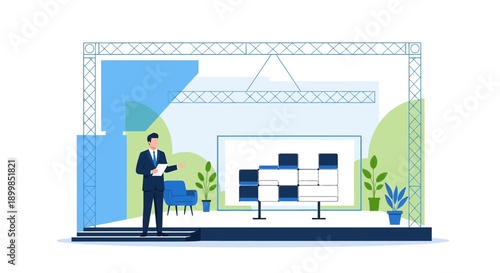 Corporate presentation stage setup with presenter and visual aids ready for event