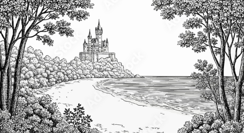 Porcelain design depicting a palace by the sea with dark grey colour