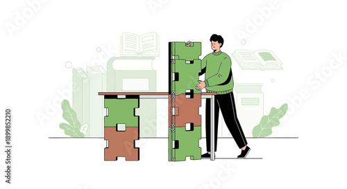 Creative workspace setup with modular furniture and educational backdrop for study room