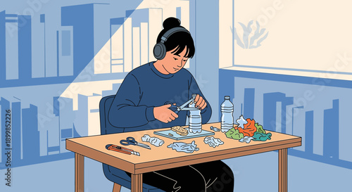 Creative upcycling project transforms plastic bottles into artistic crafts at home studio