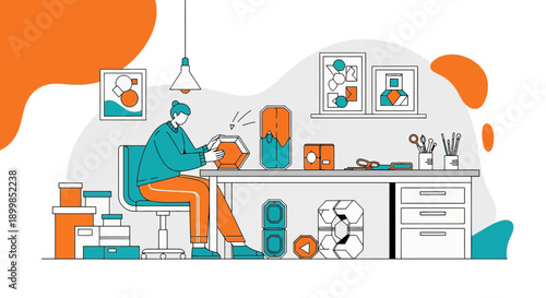 Creator designing and assembling geometric shapes at a well equipped home office