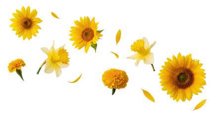 Flying yellow flowers PNG. Sunflowers and daffodils falling down isolated. Organic yellow bloom top view flat lay PNG. Fresh spring floral levitation concept isolated. Mixed garden plant heads PNG