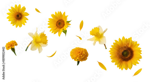 Flying yellow flowers PNG. Sunflowers and daffodils falling down isolated. Organic yellow bloom top view flat lay PNG. Fresh spring floral levitation concept isolated. Mixed garden plant heads PNG