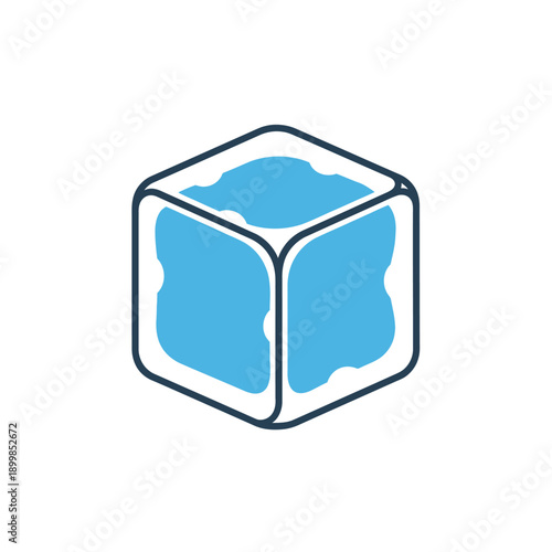 Stylized vector graphic illustrating a single clear ice cube with a crisp blue interior, symbolizing coolness, refreshment, and chilling for beverages, drink menus, and various cold-themed designs