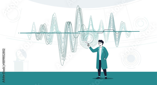 Data analysis illustration featuring a scientist examining complex waveform data on a screen