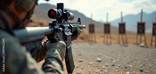Soldier aims assault rifle with scope at outdoor target range. Military personnel practices marksmanship with firearm. Mountains and targets in background under sunny sky.