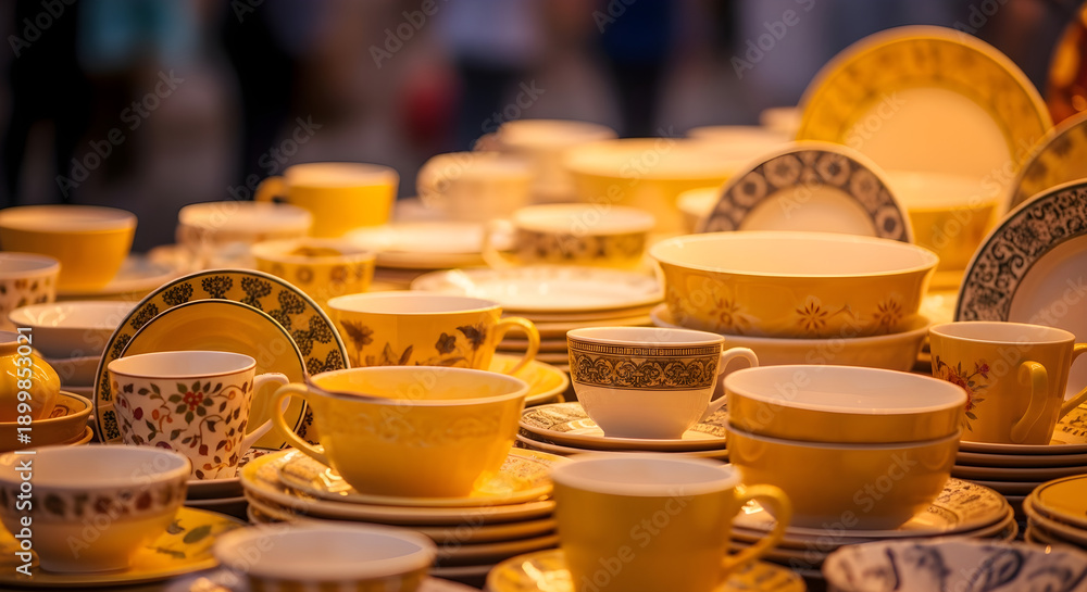 © Mehenara - Assorted yellow ceramic tableware arranged neatly on display, warm and inviting with soft lighting