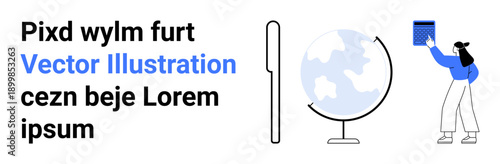 Education, geography, communication, design concepts, global learning, and knowledge-sharing. A globe, pen and a person holding a document. Education and geography