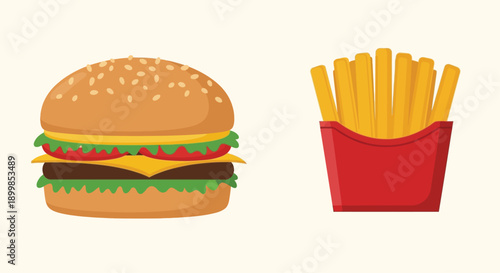A colorful illustration depicts a cheeseburger and a portion of french fries