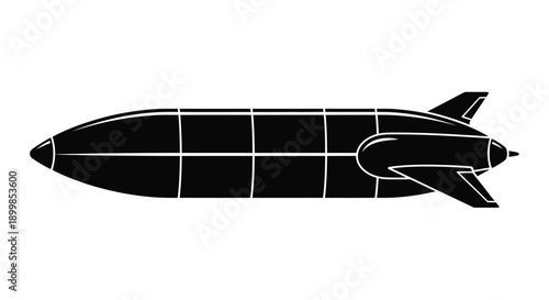 Stylized black and white illustration of a futuristic rocket ship