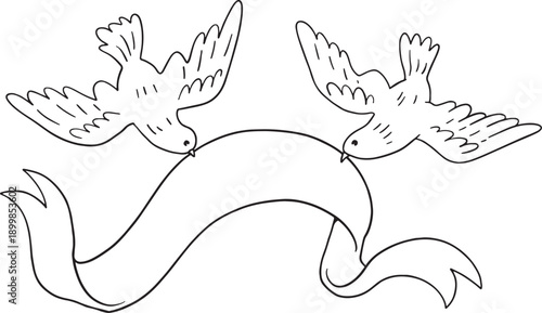 Couple of flying doves holding a blank ribbon banner. Minimalist line art vector illustration of white pigeons, perfect for wedding invitations, peace symbols, and greeting cards.