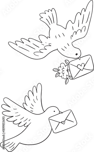 Cute vector illustration of flying doves carrying love letters and flowers. Minimalist line art birds delivering envelopes for wedding invitations, Valentine's Day, and romantic messages.