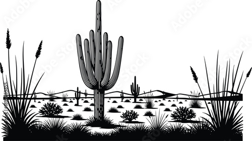 Desert landscape vector silhouette illustration featuring saguaro cactus and wild dry grass isolated on white background for western nature wilderness and southwest travel design.