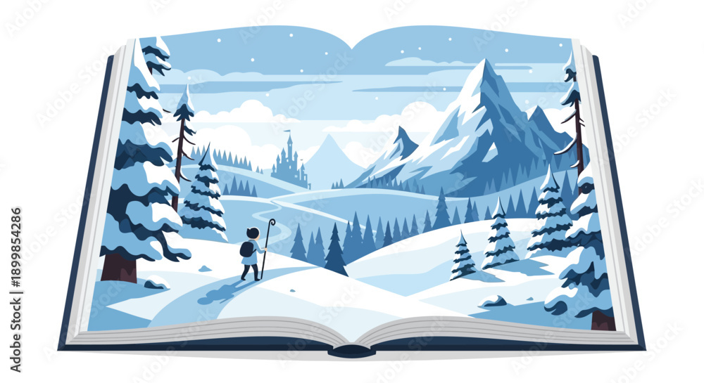 Fototapeta premium An open book reveals a serene winter landscape with a lone traveler